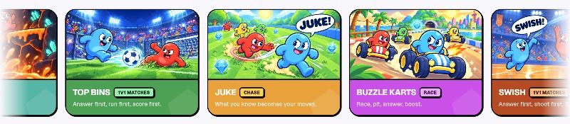 Game cards for Top Bins, Juke, Buzzle Karts and Swish.