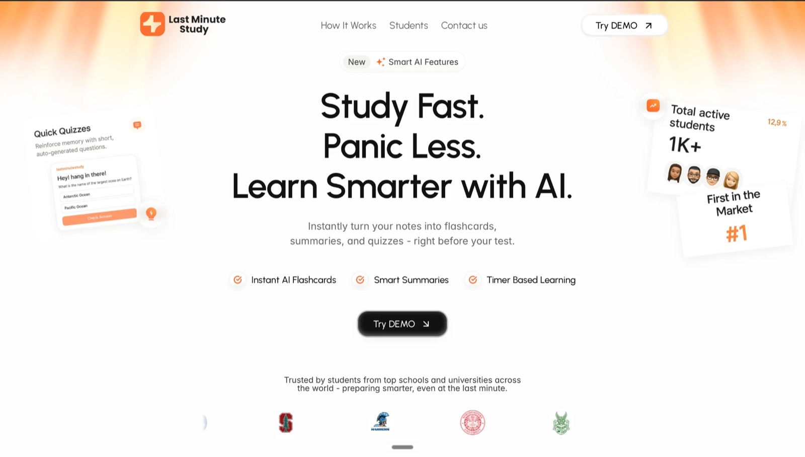 The Last Minute Study homepage: 'Study Fast. Panic Less. Learn Smarter with AI.'